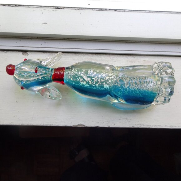 8" Vintage Murano Blue and Clear Glass Dog with Silver Flakes and Red Nose - Picture 6 of 16